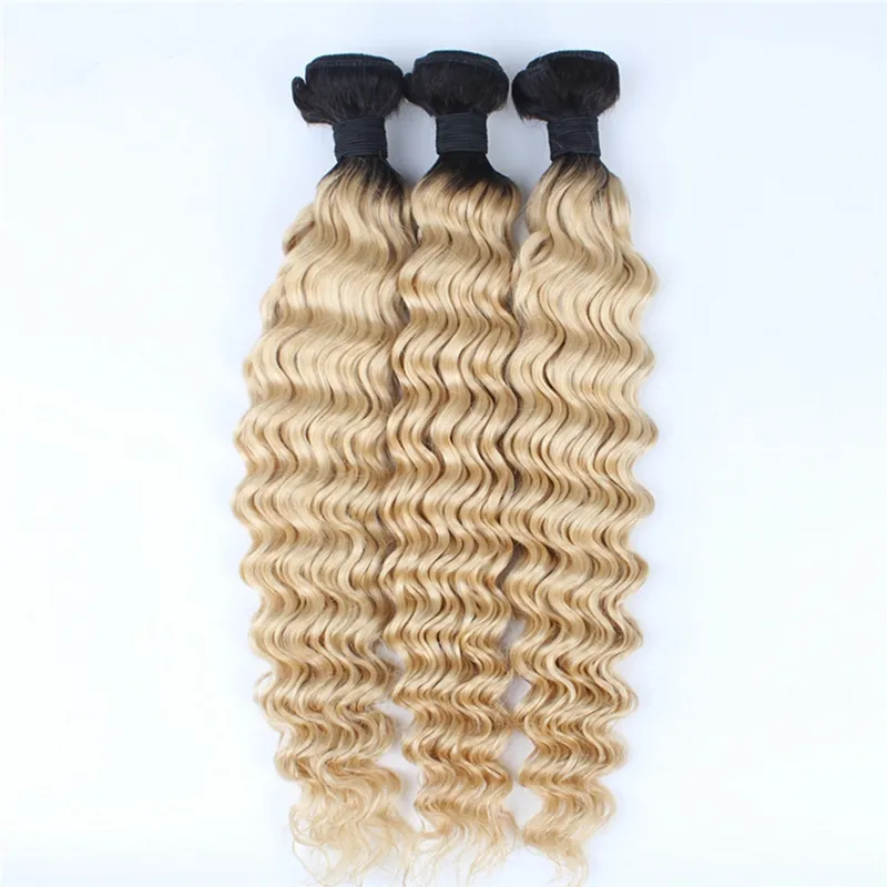 Pas cher 9A Deux Tons 1B / 613 Platine Blonde Sombre Roots Ombre Brésilien Vague Profonde Ondulés Vierge Cheveux Weave Extensions de Trame lot