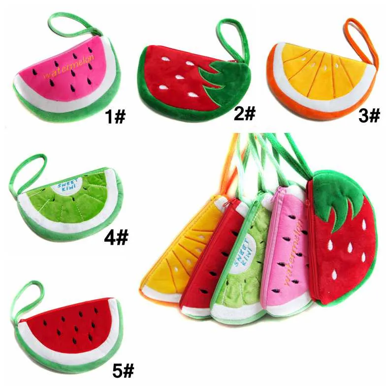 Monederos de frutas 5 estilos Nuevos Monederos de dibujos animados de felpa Monederos de fresa sandía Monedero naranja Bolsas de monedas Bolsas para auriculares Bolsa para teléfono móvil