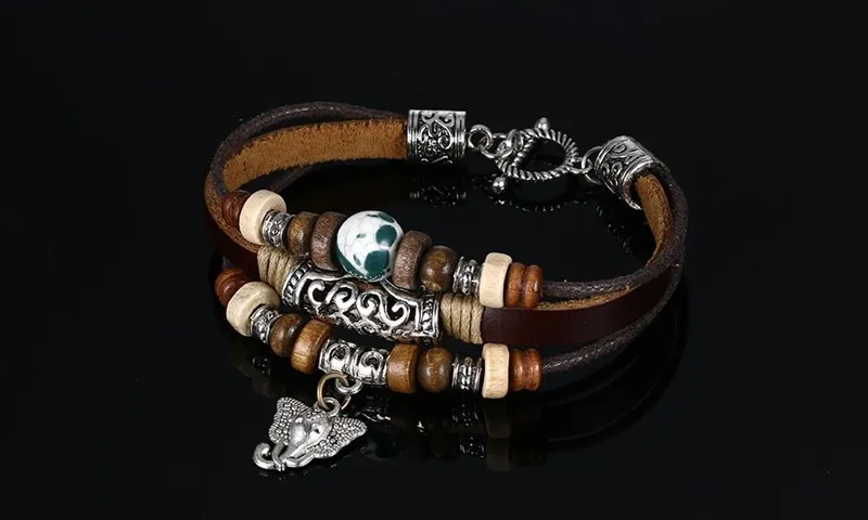 Bracelet à breloques éléphant en cuir véritable pour hommes Cool Vintage Style confortable main corde chaîne mode bracelets bijoux