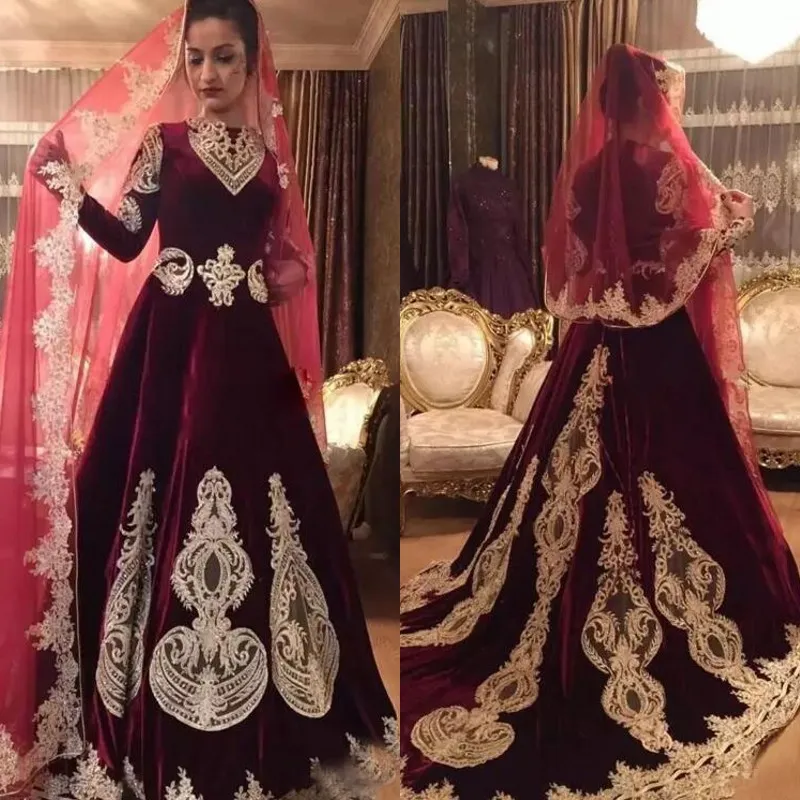 2017 Vintage Dark Red Velvet Bröllop Drses med Guld Lace Appliqued Beaded Court Tåg Muslim Brudklänningar Skräddarsy Made EN10197