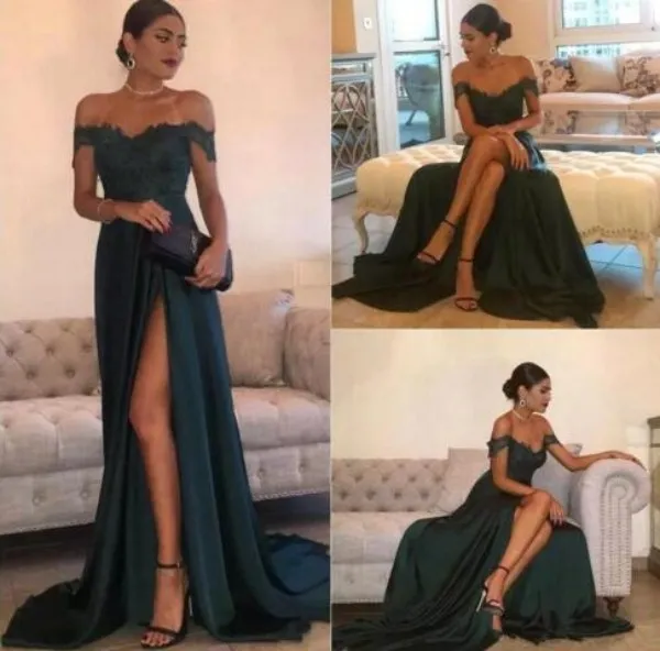 Donkergroene sexy prom jurken een lijn chiffon off-the-schouder hoge kant split kant elegante lange avondjurk formele jurk gasten