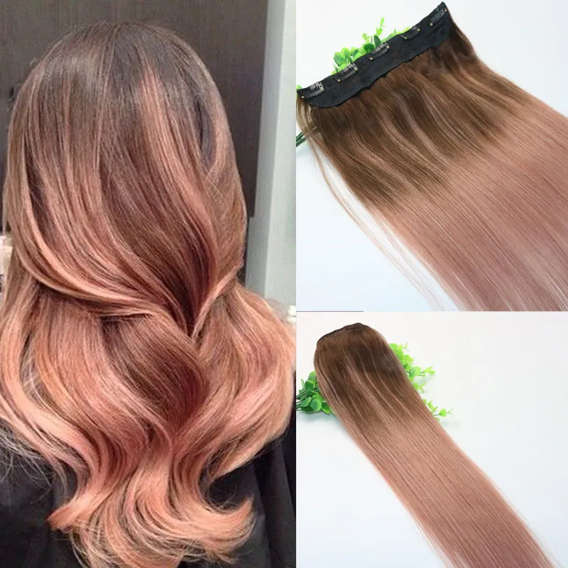 Ombre Rose Gold Remy Human Hair Clip In Extensions Brown