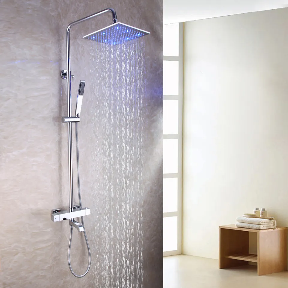 サーモスタティック露出バスルームシャワー蛇口セット10インチLED温度敏感な降雨シャワーヘッドブラスハンドシャワー2102