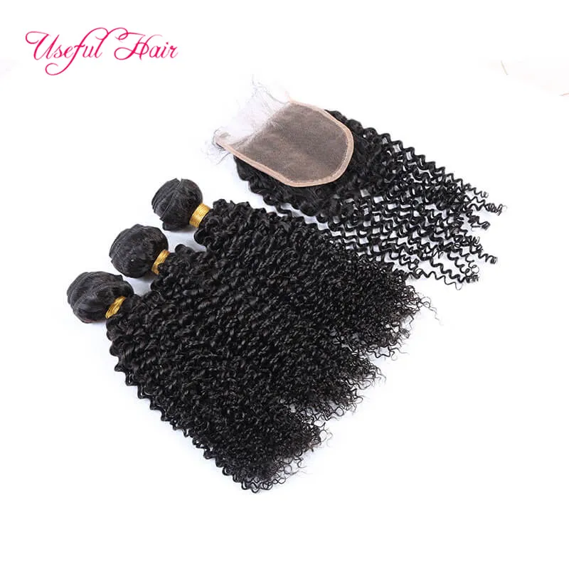 Gratis Verzending Menselijk Haar WEFTS WEAVES Sluiting Kant Frontale Bundels Braziliaanse Virgin Haar Diep Krullend Onverwerkte Naai in Hair Extensions