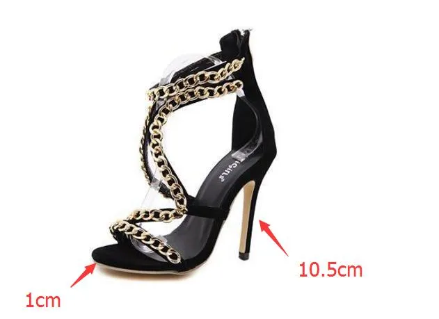 2017 여름 캐주얼 스타일 Catwalk 징조 금속 체인을 보여줍니다 샌들 정품 가죽 플랫 패션 여성 신발 블랙 크기 35-40 뒤꿈치 신발 웜