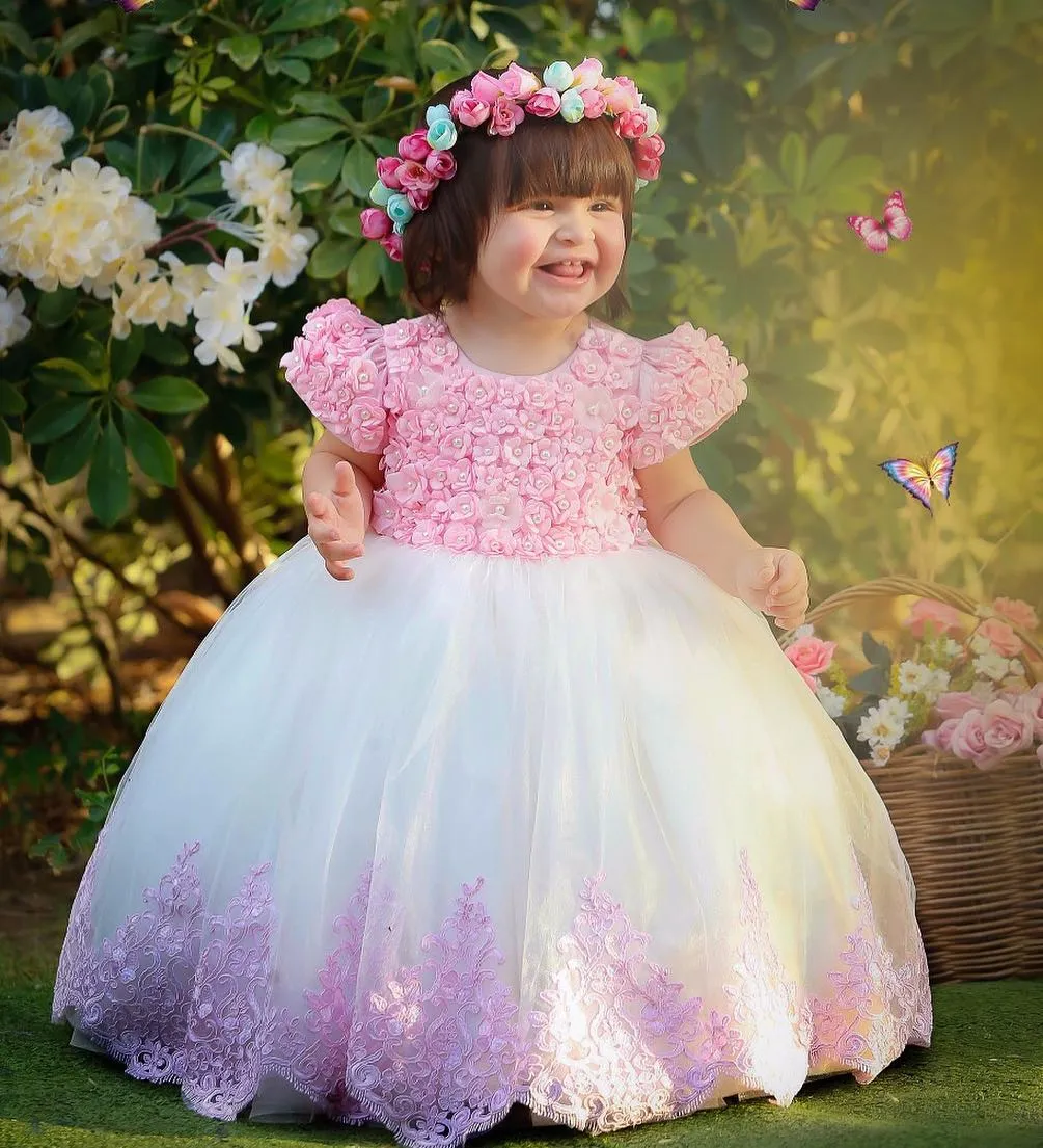 Vestido de fiesta rosa barato, vestidos de niña de flores para bodas, apliques 3D, vestido de desfile para niñas pequeñas, vestidos de tul con perlas, vestidos de primera comunión