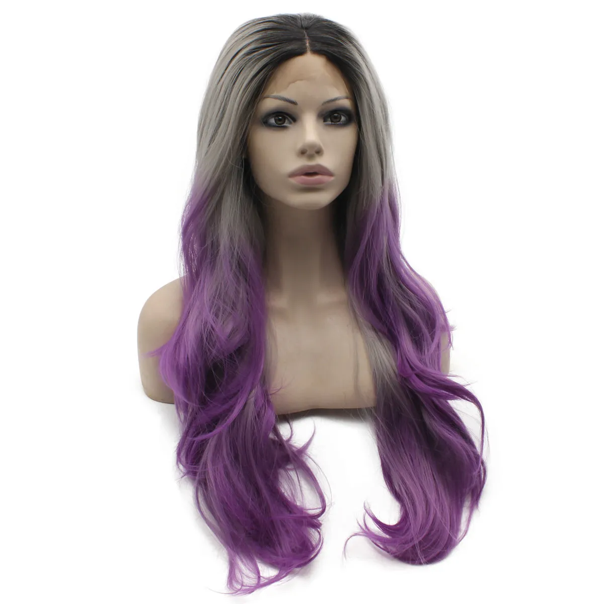 Perruque Lace Front Cheveux Longs Ondulés Gris Violet Ombre Chaleur Fibre Cheveux