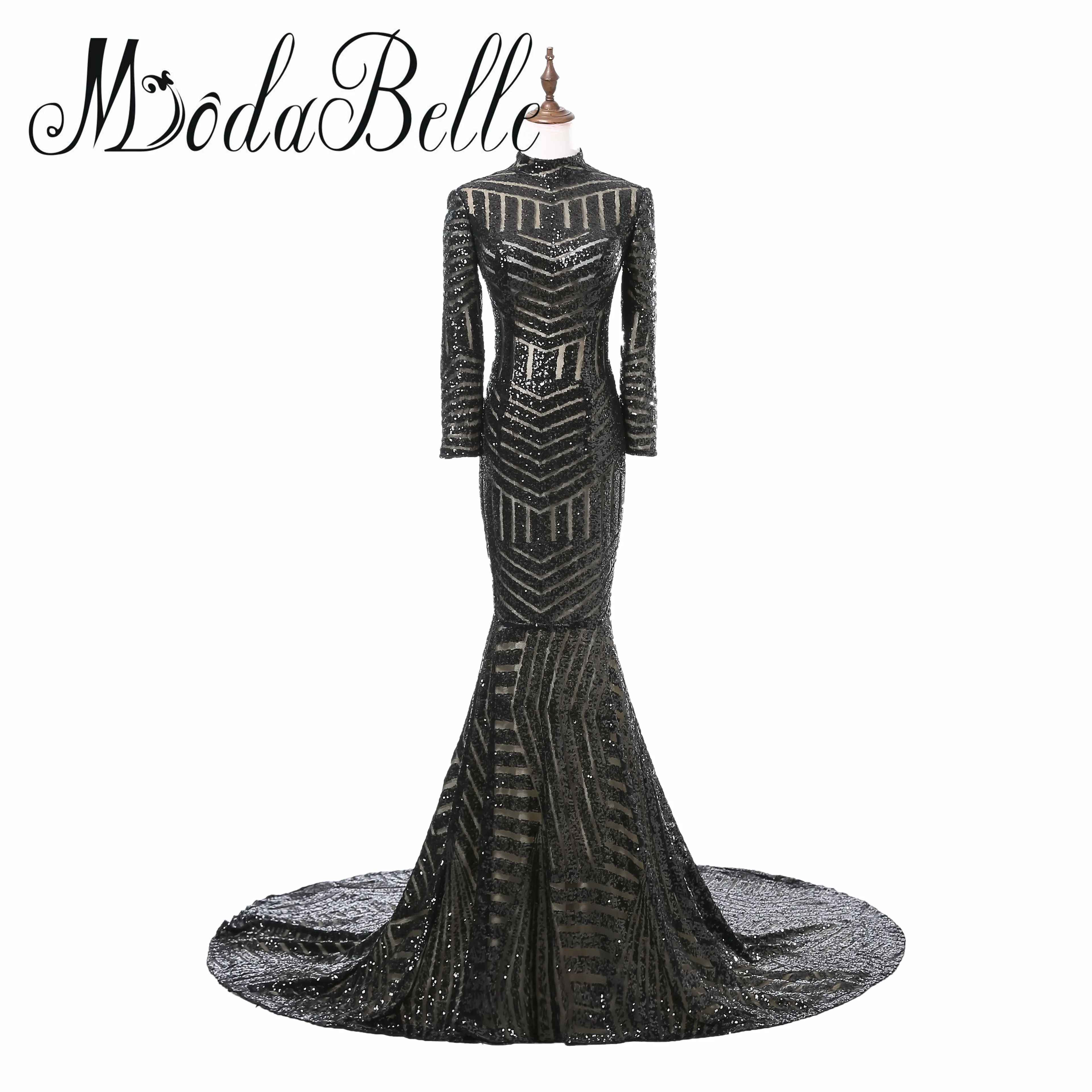 Modabelle Noir Paillettes Sirène Robes De Soirée 2017 Robes Largos De Noche À Manches Longues Robe De Bal Abendkleider Meerjungfrau