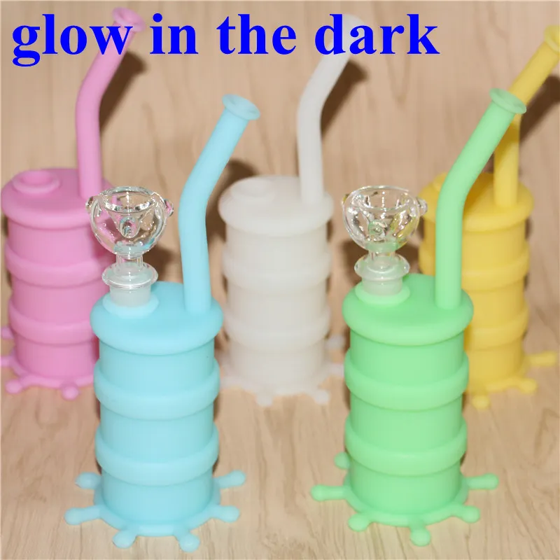 hookahs Wholesale Mini glow in the dark Silicone Rigs Dab Bongs Jar Water pipe Silicon Oil Drum Rig DHL