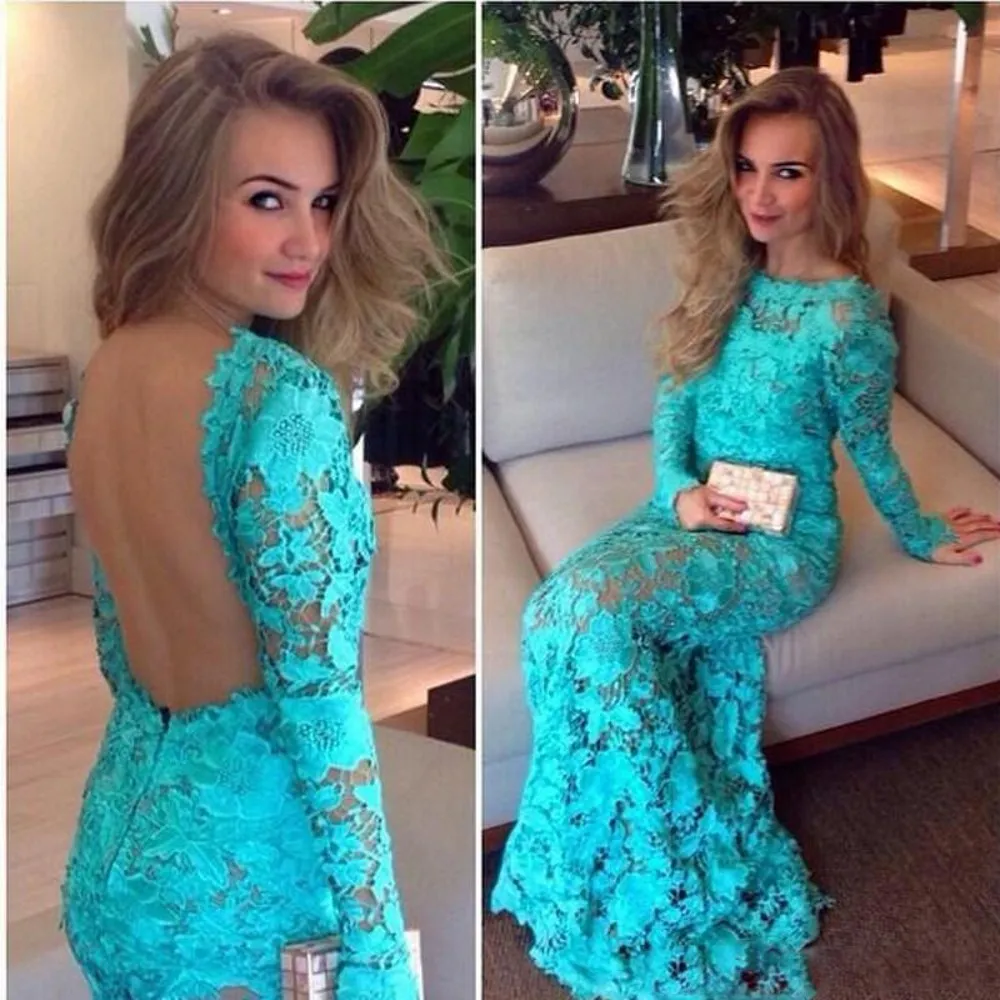 Sexy Backless Full Lace Evening Gowns Long Sleeves See Through Mermaid Prom Dresses Saudi Arabia Cocktail Formal Party Dress