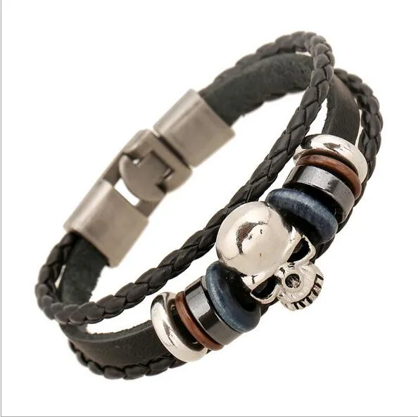 Meaeguet hommes cuir crâne Bracelets Rock Punk acier inoxydable squelette breloques manchette Bracelet Bracelets décontracté bijoux G44