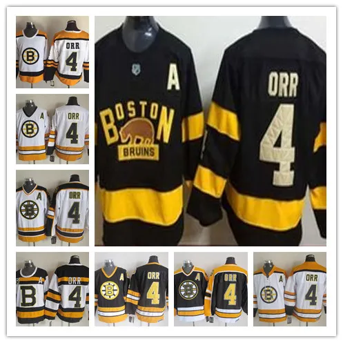 Discount Retro # 4 Bobby Orr Jerseys Hockey Ice Boston Bruins 75th Stripe Winter Classic CCM Vintage alternatieve witte zwarte gele uniformen