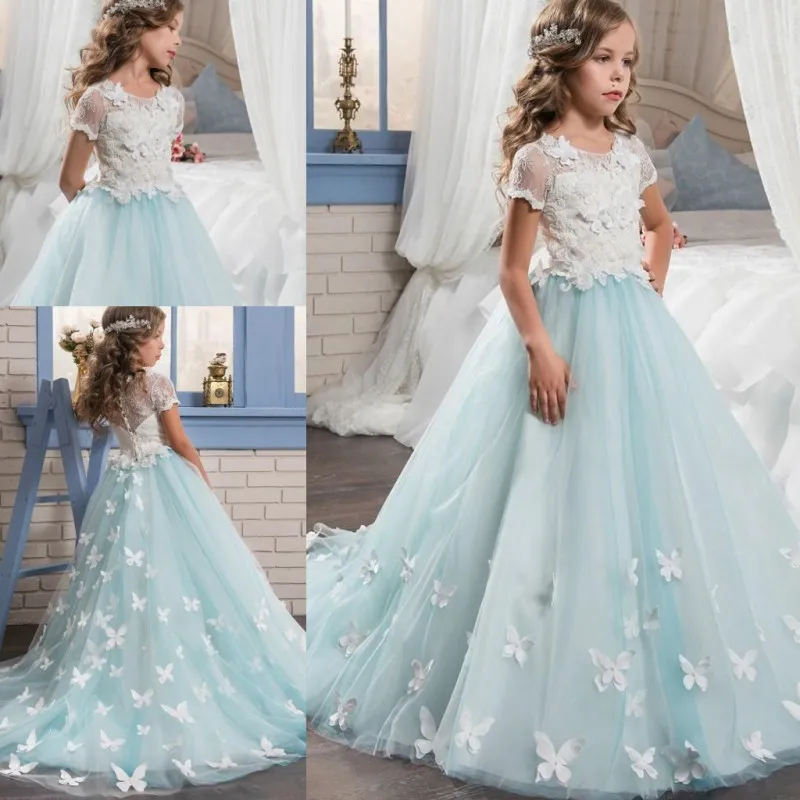 Robes de fille de fleur en dentelle Glitz avec manches courtes Appliques de papillon Graduation Girls Pageant Robe Sheer Back Boutons Robes de mariée pour enfants