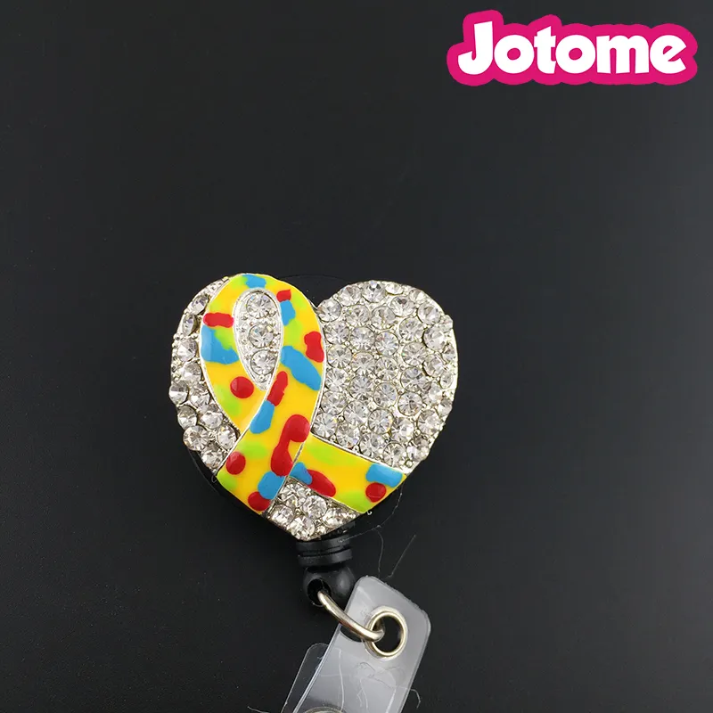 Strass rose/violet/blanc/orange/autisme ruban coeur rétractable Badge bobine/ID porte-Badge/broche/pendentif