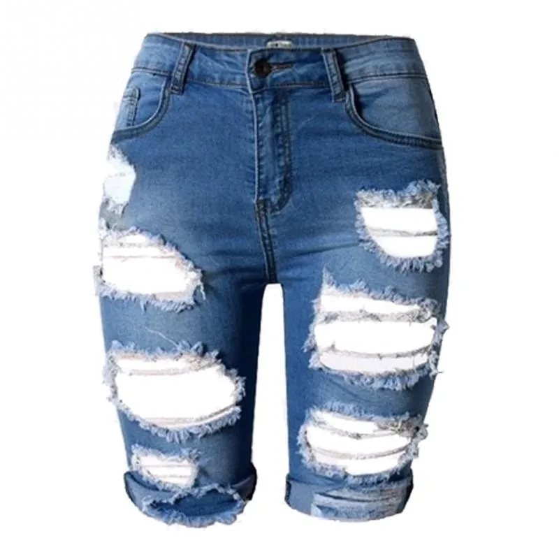 Wholesale- Summer high High Waist Shorts Women Denim Shorts Vintage Streetwear Ripped Short Jeans Worn Hole Female Casual Shorts