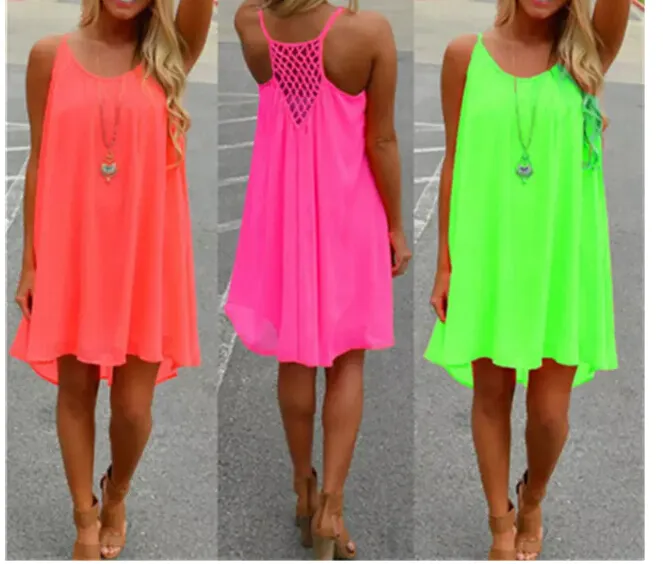 Sexy Casual Sleeveless Dresses Women Summer Evening Party Beach Dress Short Chiffon Mini Dress BOHO Womens Clothing Fashion