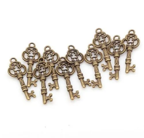 100 stks Vintage Antique Silver Charms Hanger Brons Key Charms Hanger voor Jewerly Making26x9mm