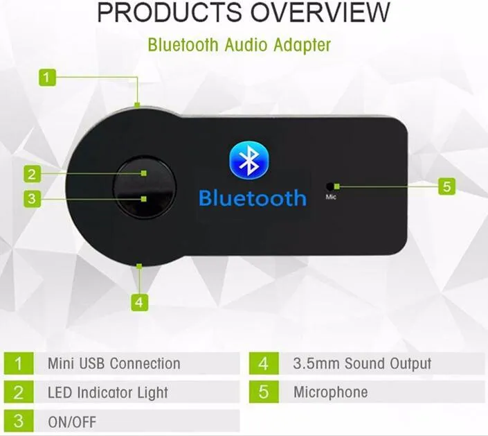 Universal 3.5mm Bluetooth 자동차 키트 A2DP 무선 보조 오디오 음악 수신기 어댑터 핸즈프리 전화 MP3 소매 패키지 DHL