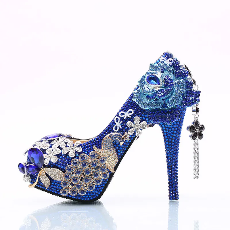 Splendide scarpe da sposa con strass Scarpe da sposa in cristallo blu Scarpe con tacco a forma di fiore e fenice Pompe da ballo di Cenerentola