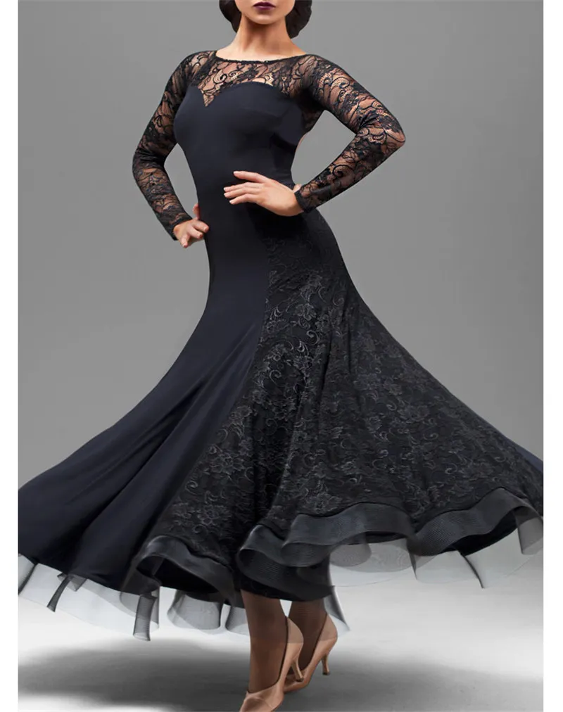 Adult/Girl Ballroom Dance Dress Women Modern Waltz Tango Standard Competition Practice Dance Dress Black Lace Stitiching Fishbone Dress