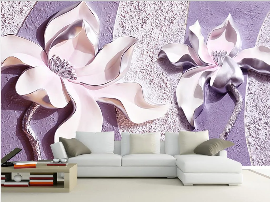 Embossed purple magnolia 3d TV background wall mural 3d wallpaper 3d wall papers for tv backdrop