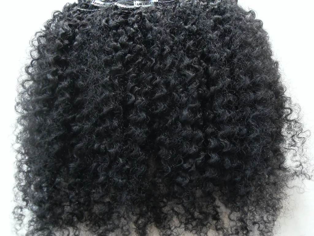 Brasilianska Human Virgin Remy Clip Ins Hair Extensions Kinky Curls Haft Weft Jet Black 1 # Färg