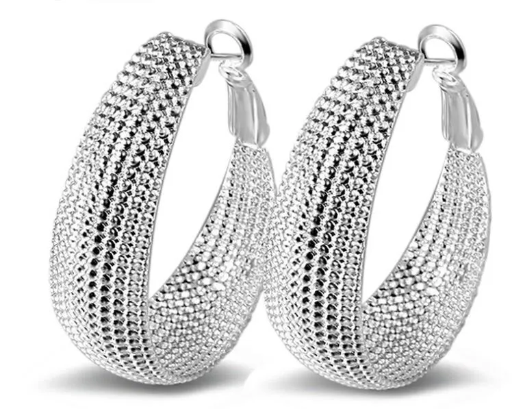 Exaggerated Earings 4CM*1CM Grid 925 Sterling Silver Jewelry Earings Charming women/girls Ear hoop Earrings 