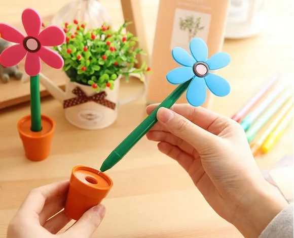 Papelería novedosa, maceta de flores de silicona, bolígrafos de tinta azul, papelería, material de oficina escolar, papelería coreana