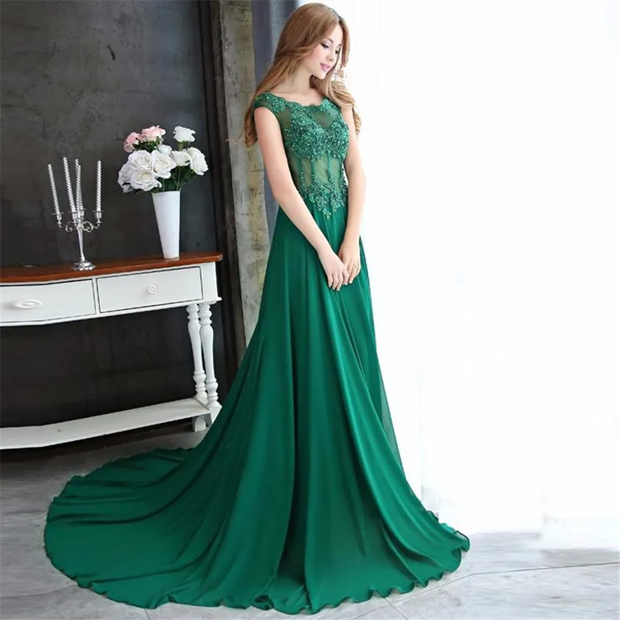 Robe de Soiree Bateau Cap Sleeve Appliqued Custom Backless Chiffon Long Evening Gowns Vestido de Festa Turquoise Prom Dress 2021