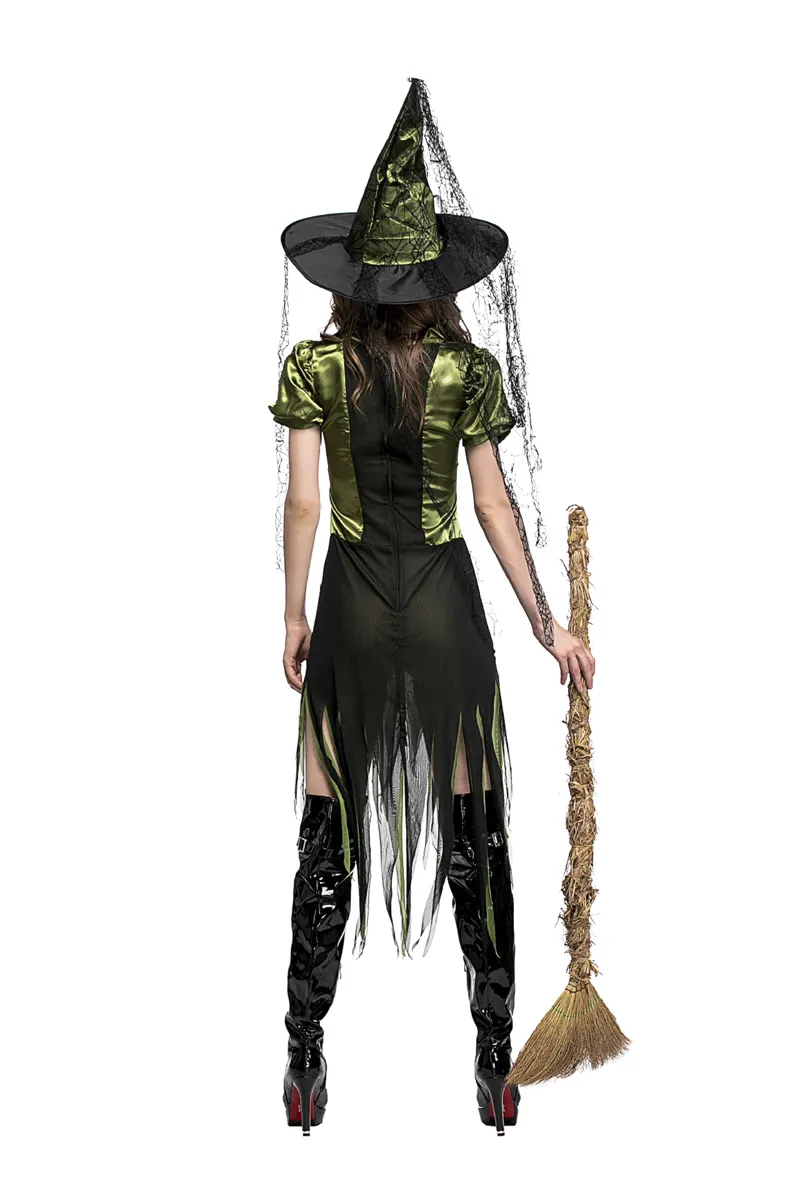 Sexy Green Adult Witch Magician Cosplay Dress Women Fantasy Halloween Costume Irregular Gothic Dress With Hat
