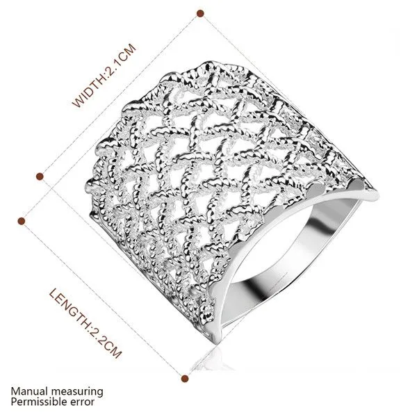 Mode Design Vierkante Grid Plated Sterling Silver Finger Ring Fit Vrouwen, Bruiloft 925 Silver Plate Rings Solitaire Ring Band Ringen ER543