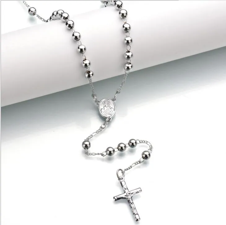 rosary beads necklace cross jesus pendant silver and gold plated beads long necklaces for men and women Rosary Bead Chain