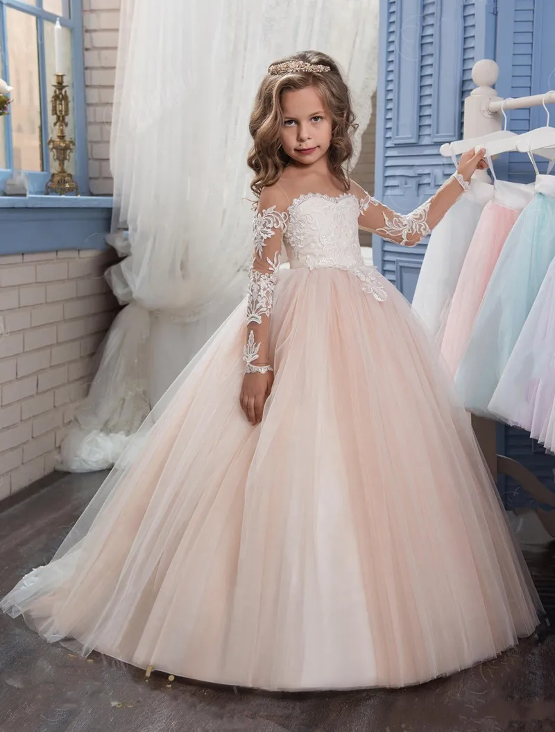 Ivory Lace and Blush Tulle Flower Girl Dress with Long Sleeves