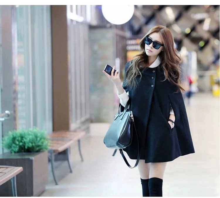 Ladies Coat with Pocket Loose O-neck Batwing Wool Poncho Autumn Winter Warm A Line Long Jacket Cloak Cape Cloak Coat