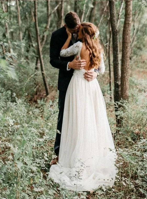 Vestidos de novia de playa bohemios de tul de encaje simple 2020 con medias mangas, tren de barrido, sin espalda, vestidos de novia baratos