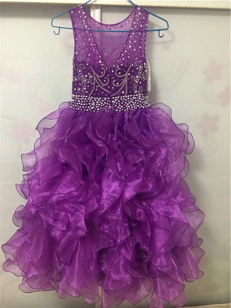 Purple Crystal Backless Ball Gown Flower Girl Dresses with Beading Sequined Organza Girls Pageant First Communion Dress BF10