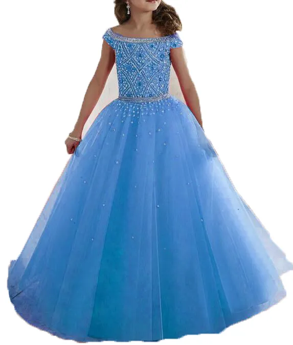 2017 Light Blue Purple Ball Gown Girls Pageant Dresses Communion Dresses For Girls With Beading Flower Girl Dress Kids Prom Evening Gowns