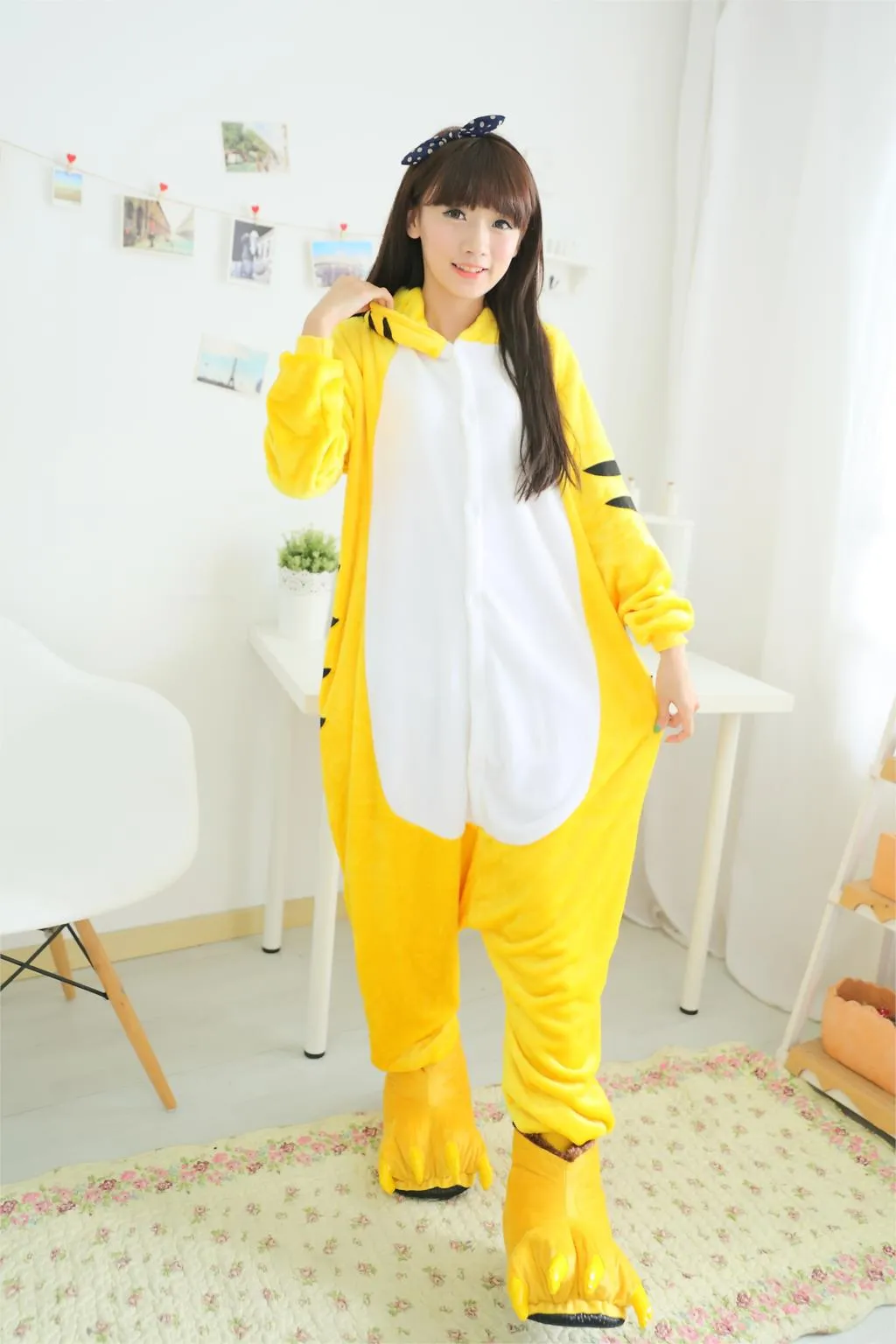 Cute Animal Pajamas Żółty Tygrys Cartoon Cosplay Garment Winter Dorosłych Dom Sen Nosić flanel z ogonem Pijama Unisex