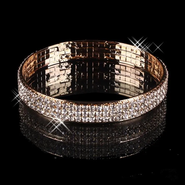 Luxo banhado a ouro pulseira nupcial bling bling 3 fila Rhinestone Árabe Stretch Bangle Mulheres Prom Noite Party Jóias Acessórios Noiva