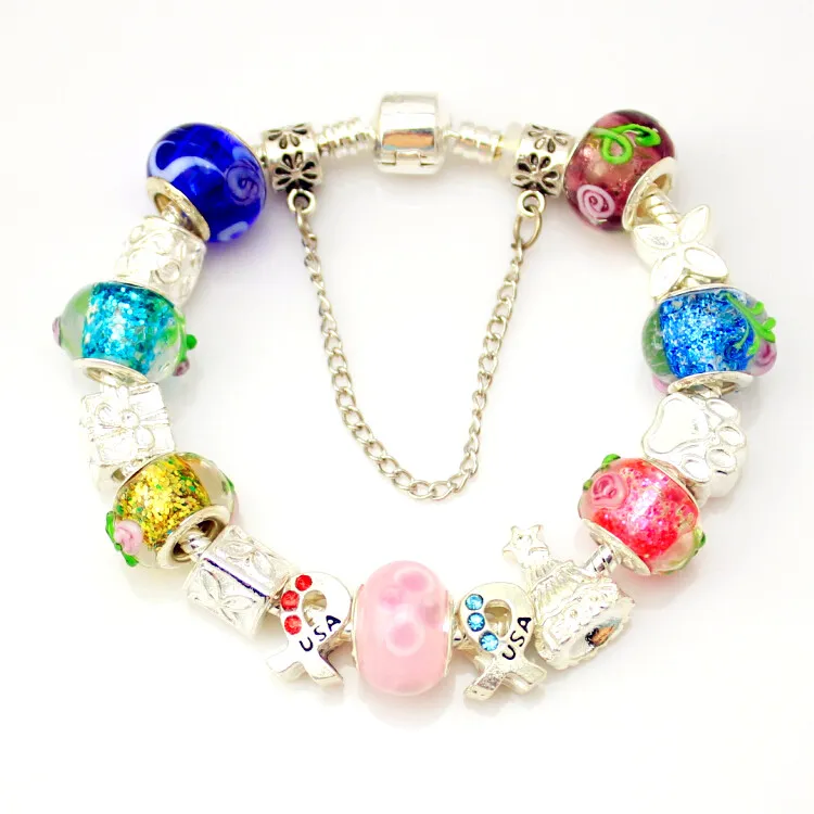 Perle di vetro arcobaleno Perle di cristallo Perle in argento placcato Chamilia Bracciali donna Glow in The Dark