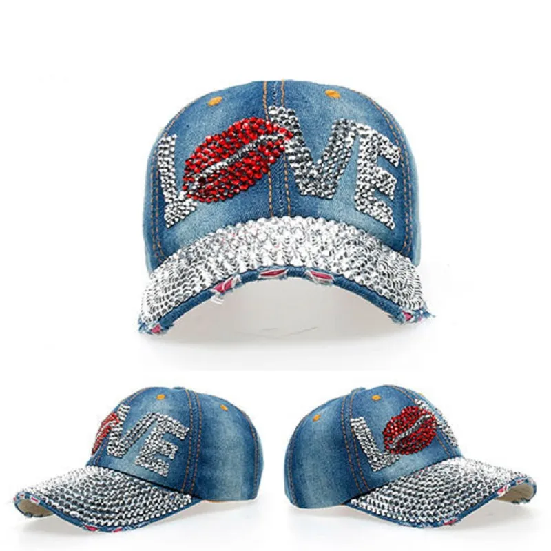 Fashion Washed Denim Simulation Diamond Letters Baseball Cap Jeans Rhinestone Lips Caps Snapback Hats Hip Hop Hats For Women