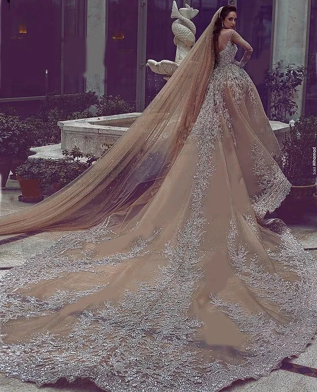 2017 strass di lusso Dubai abiti da sposa con treno staccabile illusione scollatura maniche lunghe abito da sposa splendido abito da sposa a sirena