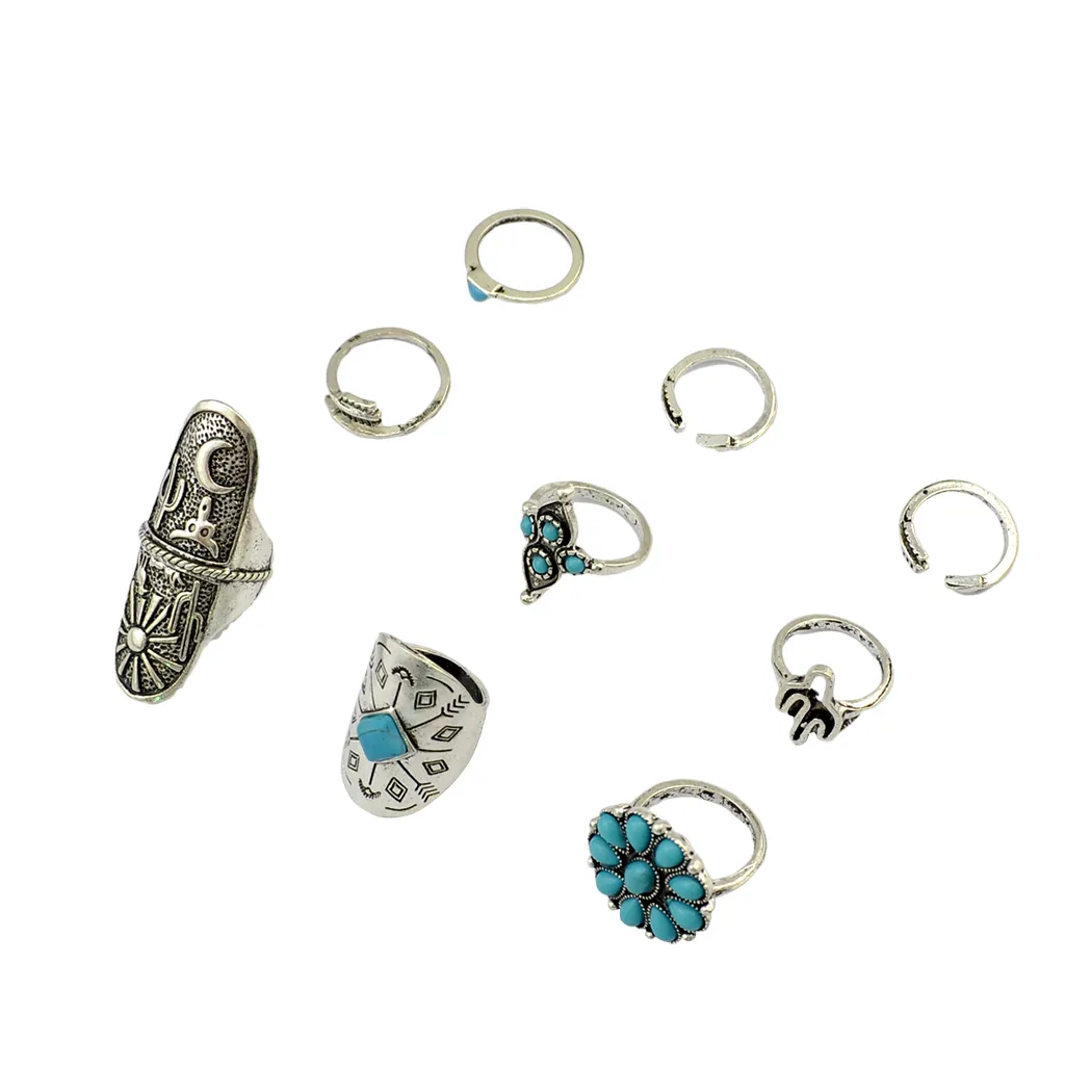 idealway Boho Vintage Gypsy Silver Joint Knuckle Nail Midi Finger Ring Anello turchese Set di 9 anelli