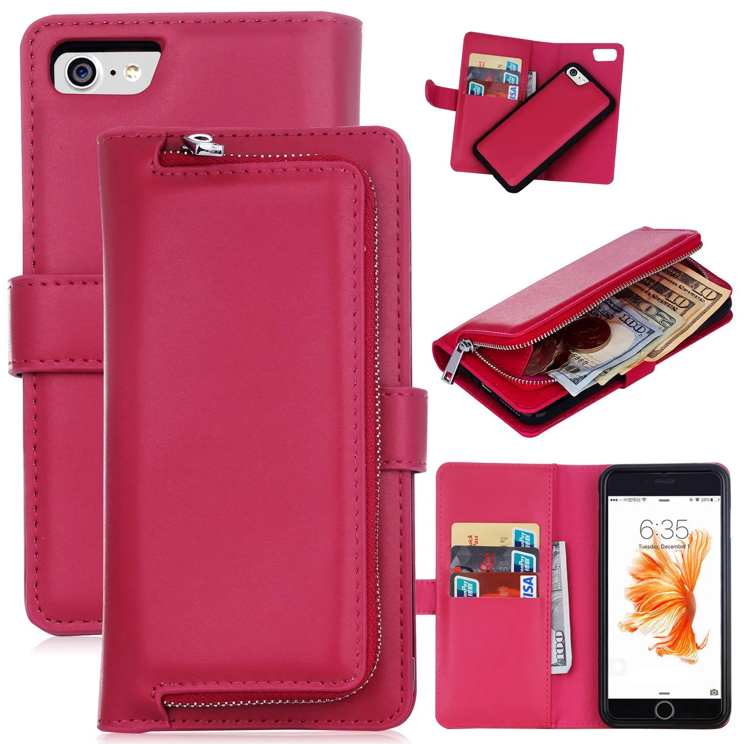 2 i 1 Magnet Avtagbar flyttbar blixtlås Läder plånbok Fodral Förpackning för iPhone 7 8 1pcs / Lot