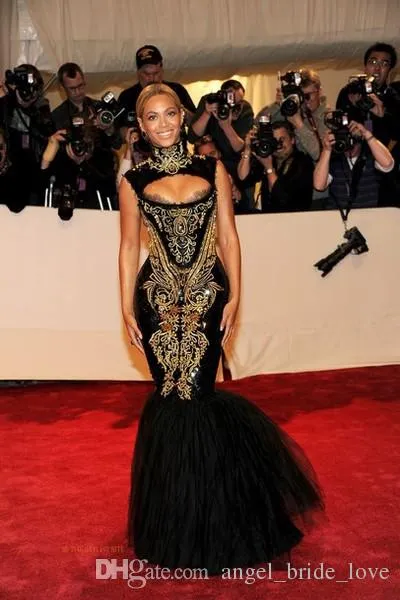 2017 Hot Sale Evening Gowns Beyonce Gala Black And Gold Embroidery Beaded High Neck Floor Length Mermaid Celebrity Dresses WD1016