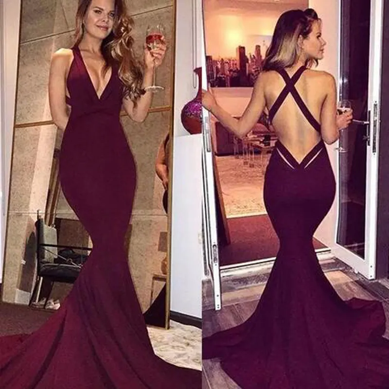 Enkla Eleganta Burgundy Prom Klänningar 2019 Sexiga Mermaid Backless Ärmlös Lång Party Klänningar Kryss Korsa Kvällar Korvor Formellt Slitage