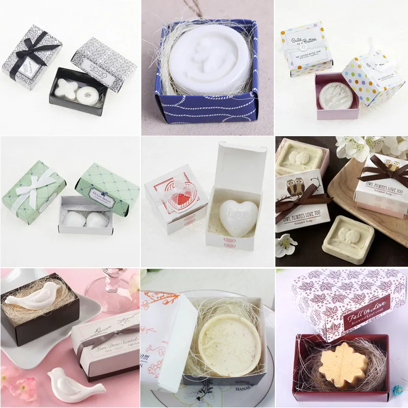 10 pièces savon faveurs de mariage avec boîte-cadeau bébé douche fête de noël cadeau ancre/bouton/coquille/colombe/feuille d'érable