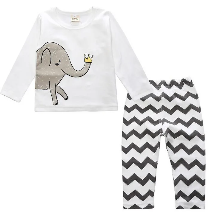 Ny Höst Vinter Ins Baby Set Kids Loungewear Leisure Wear Cartoon Striped Dots 2st Kläder Suit Varm Bomull Tshirt Byxor Barn Outfit