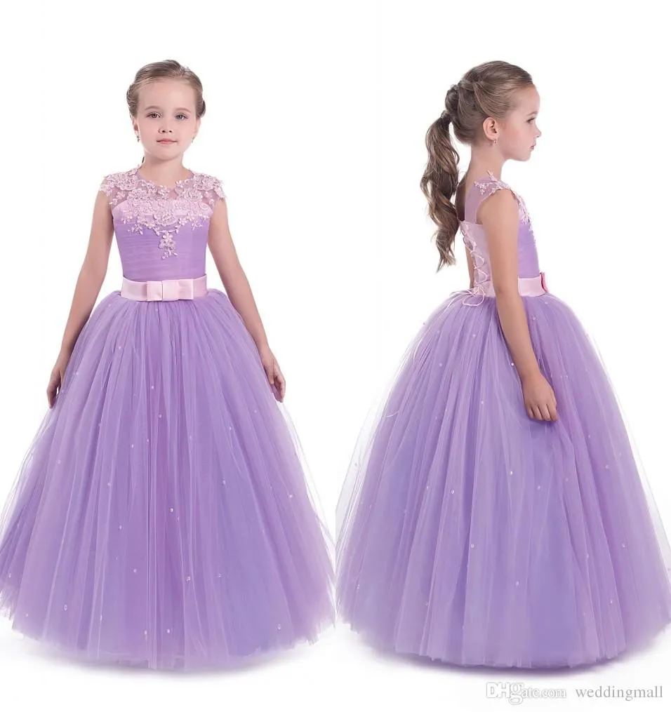 Lace Crystals Arabic Flower Girl Dresses Sheer Neck Lilac Tulle Child Dresses Beautiful Flower Girl Wedding Dresses