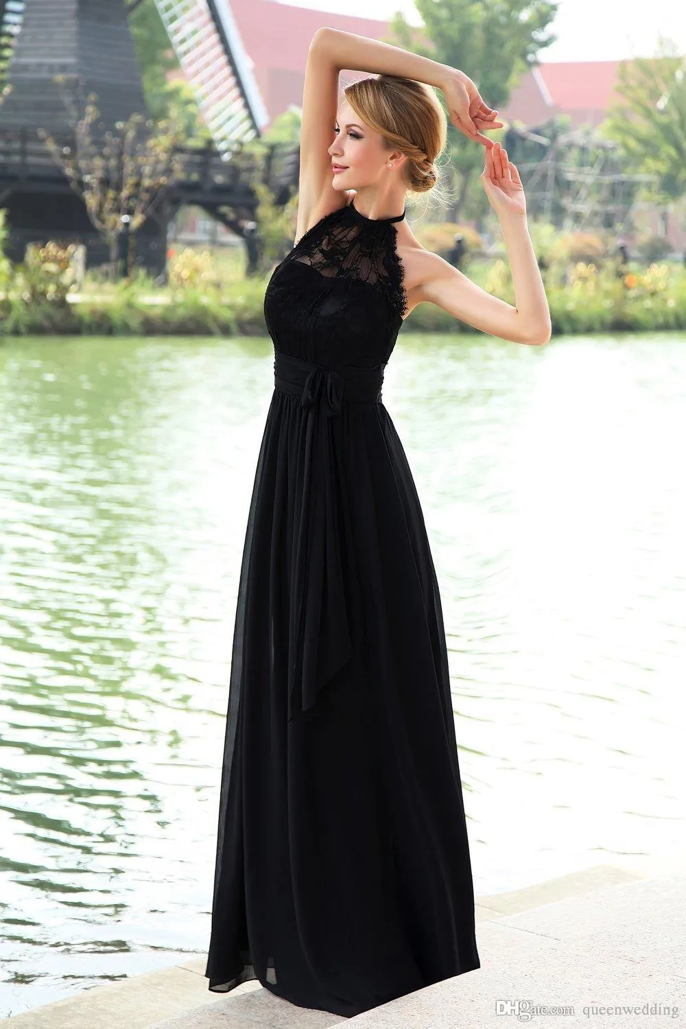 Exquisite schwarze 2019 Prom Kleider Lace Top Chiffon Rock mit Schleife Sash Halter lange formale Abendgesellschaft Gown Noche
